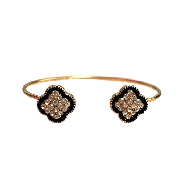 Elegant Double Clover Clear Rhinestone Black Edge Gold Tone Open Cuff Bracelet - Picture 1 of 3